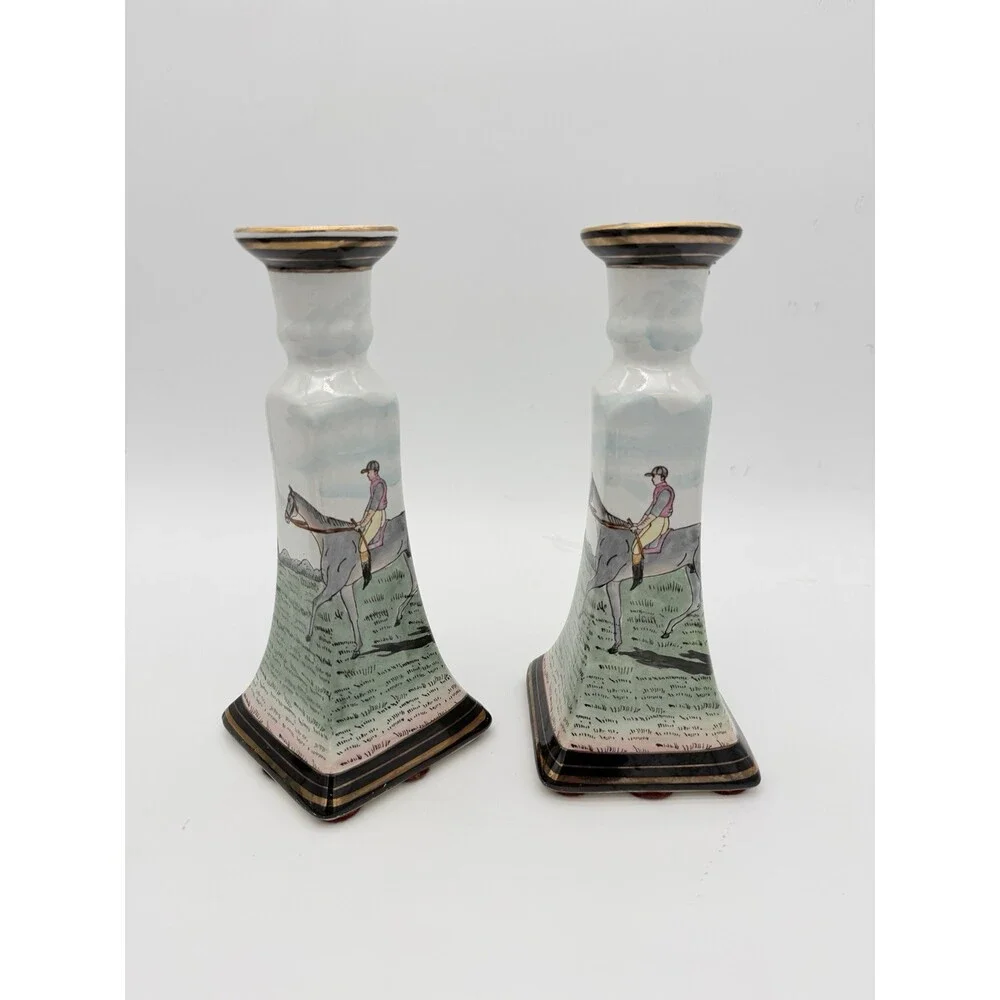 Vintage Chinese Equestrian Hand-Painted Porcelain Candle Holder by Nieman Marcus